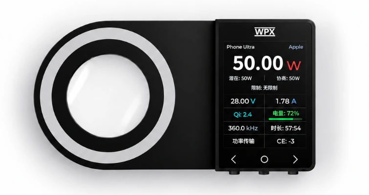 WPX-S1 正面图，展示薄型感应片与显示主机
